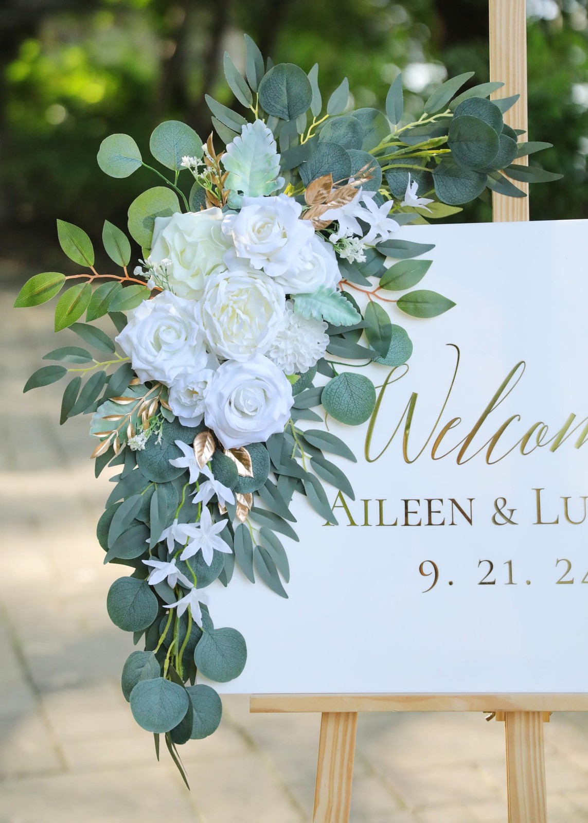 2 PCS White Gold Artificial Wedding Arch Flower Swags for Welcome Signs
