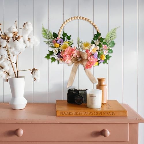 16 Inch Artificial Spring Wooden Bead Wreath with Flower Bow Summer Hydrangea