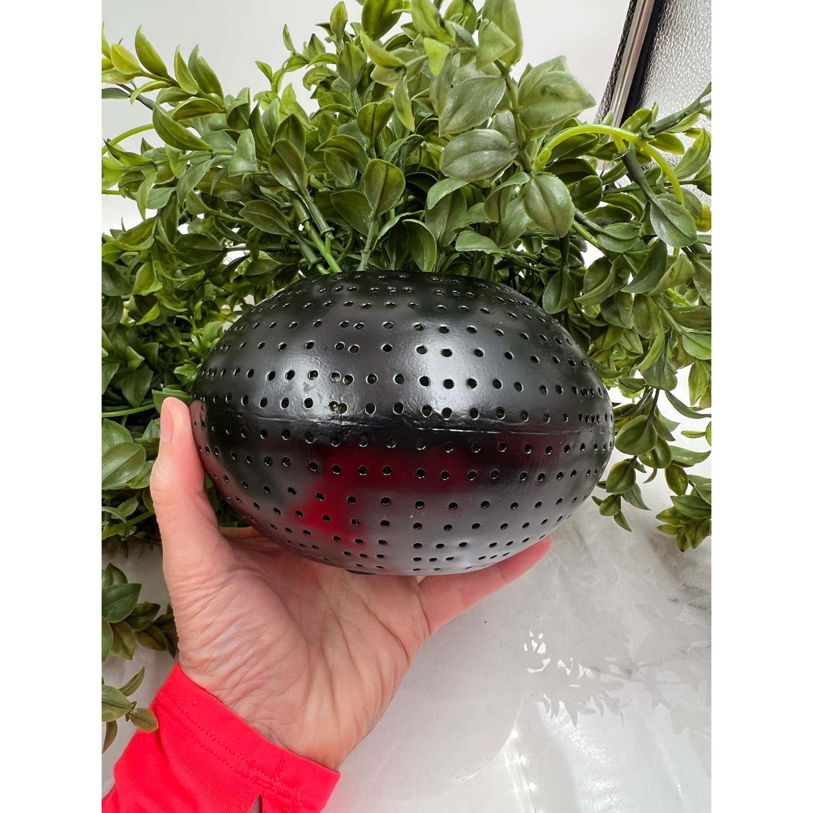 Artificial Trailing Greenery in Black Perforated Metal Globe Pots Set of 2