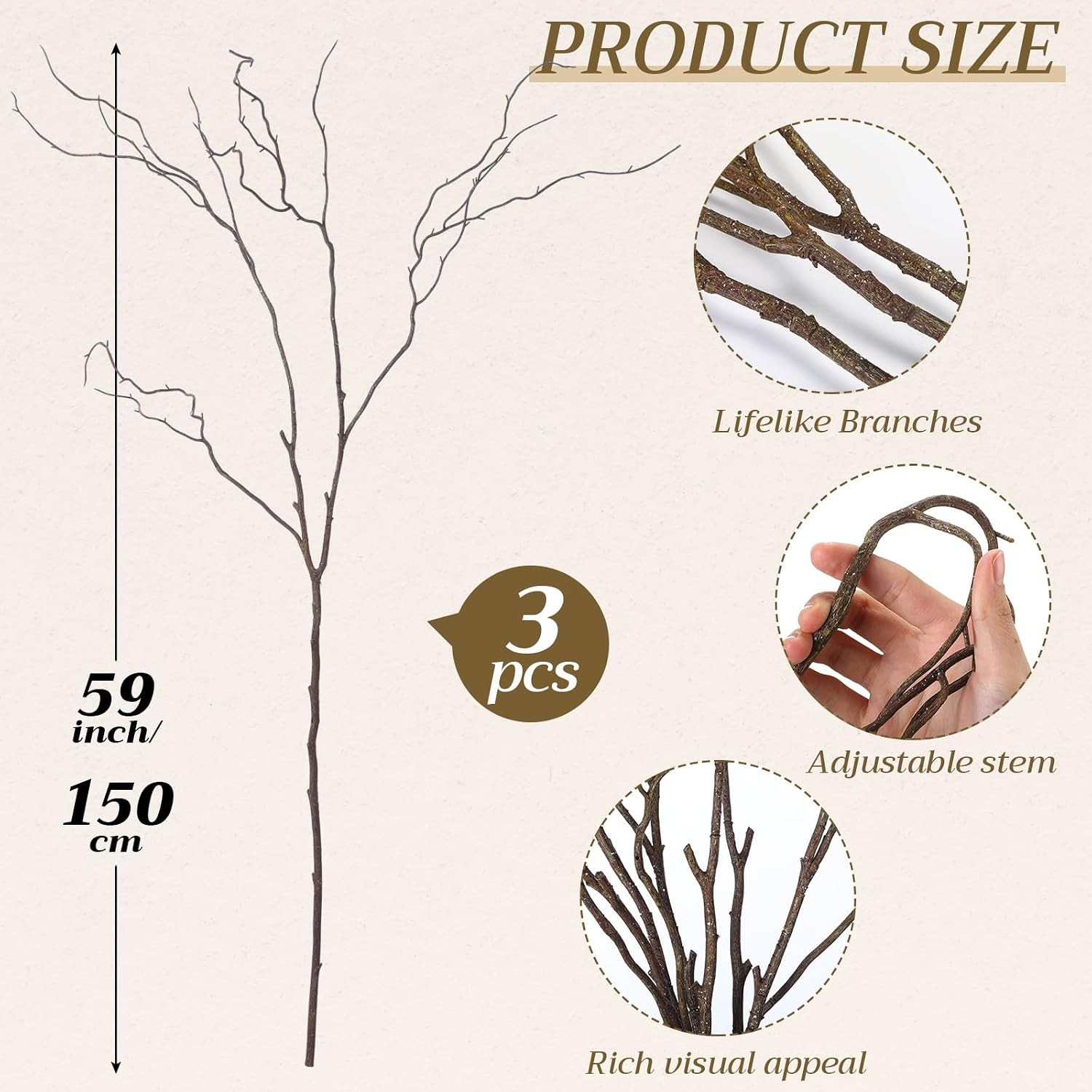 3 Pcs 65 Inch Lifelike Curly Willow Branches for Vases Artificial Decorative