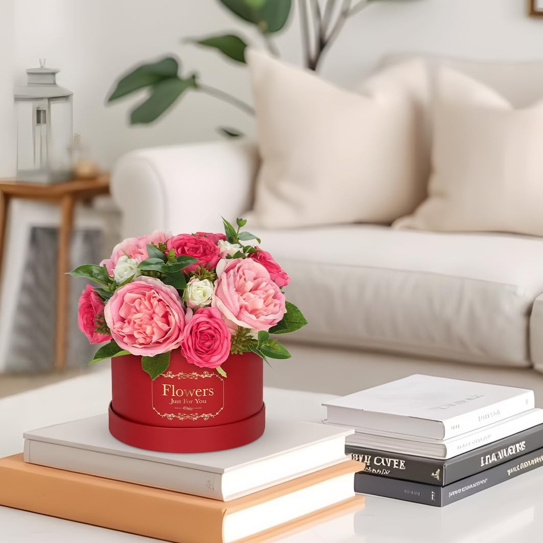 Red Pink Artificial Peonies Roses in Vase Round Gift Box Floral Arrangement