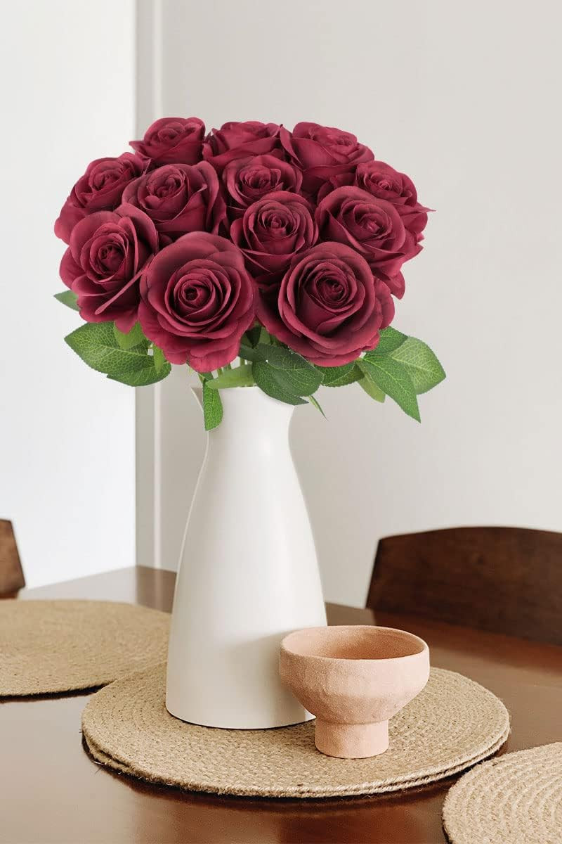 50Pcs Roses Artificial Flowers Fake Flowers with Long Stems Burgundy Silk Flower