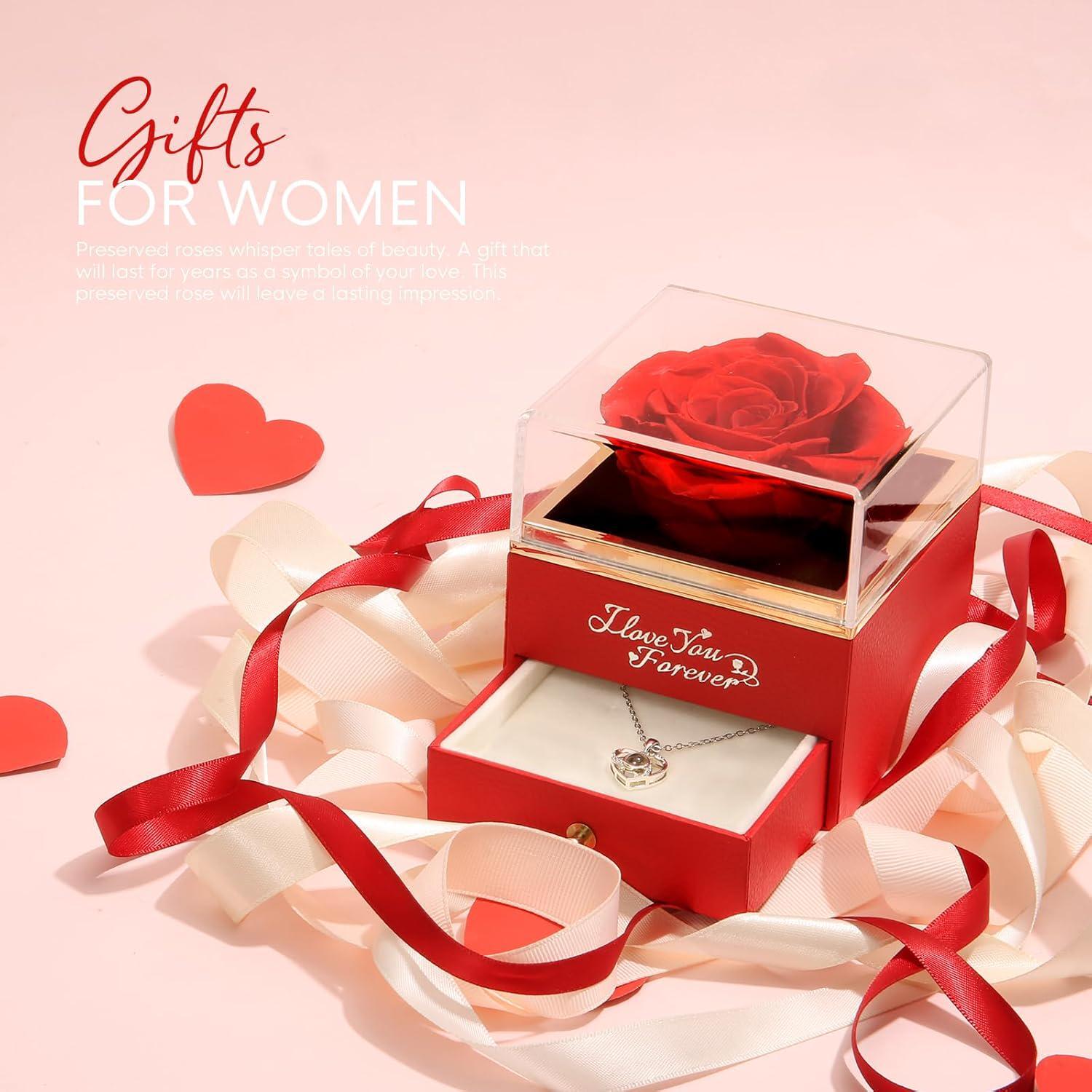 Red Rose Mother’s Day Preserved Forever Roses Gift W/Hidden I Love You Necklace