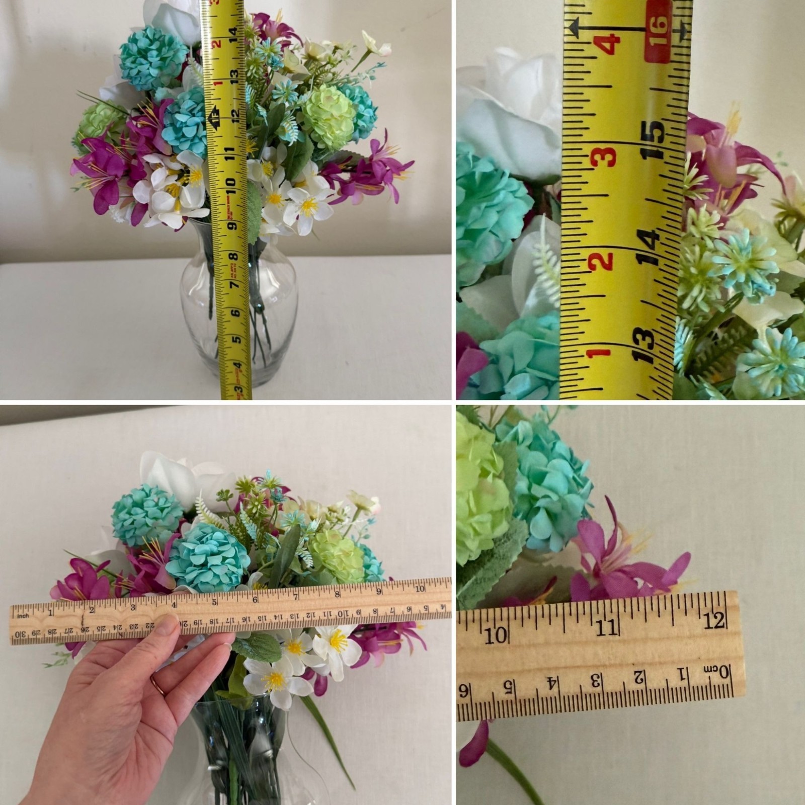 Handcrafted Floral Centerpiece Arrangement Clear Hourglass Vase Upcycled Decor