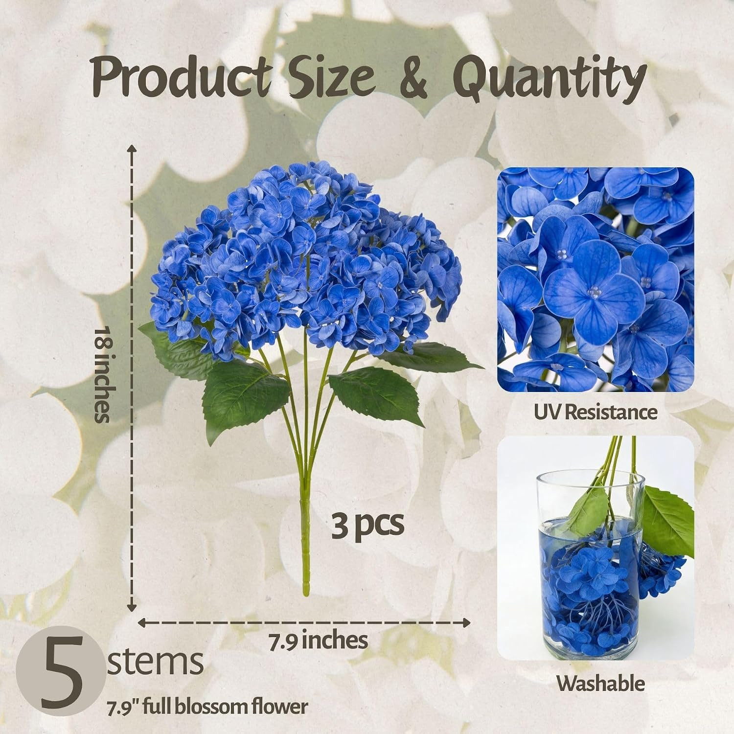 Real Touch Faux Blue Hydrangea Bouquets – 3pcs 18″ for Weddings & Decor