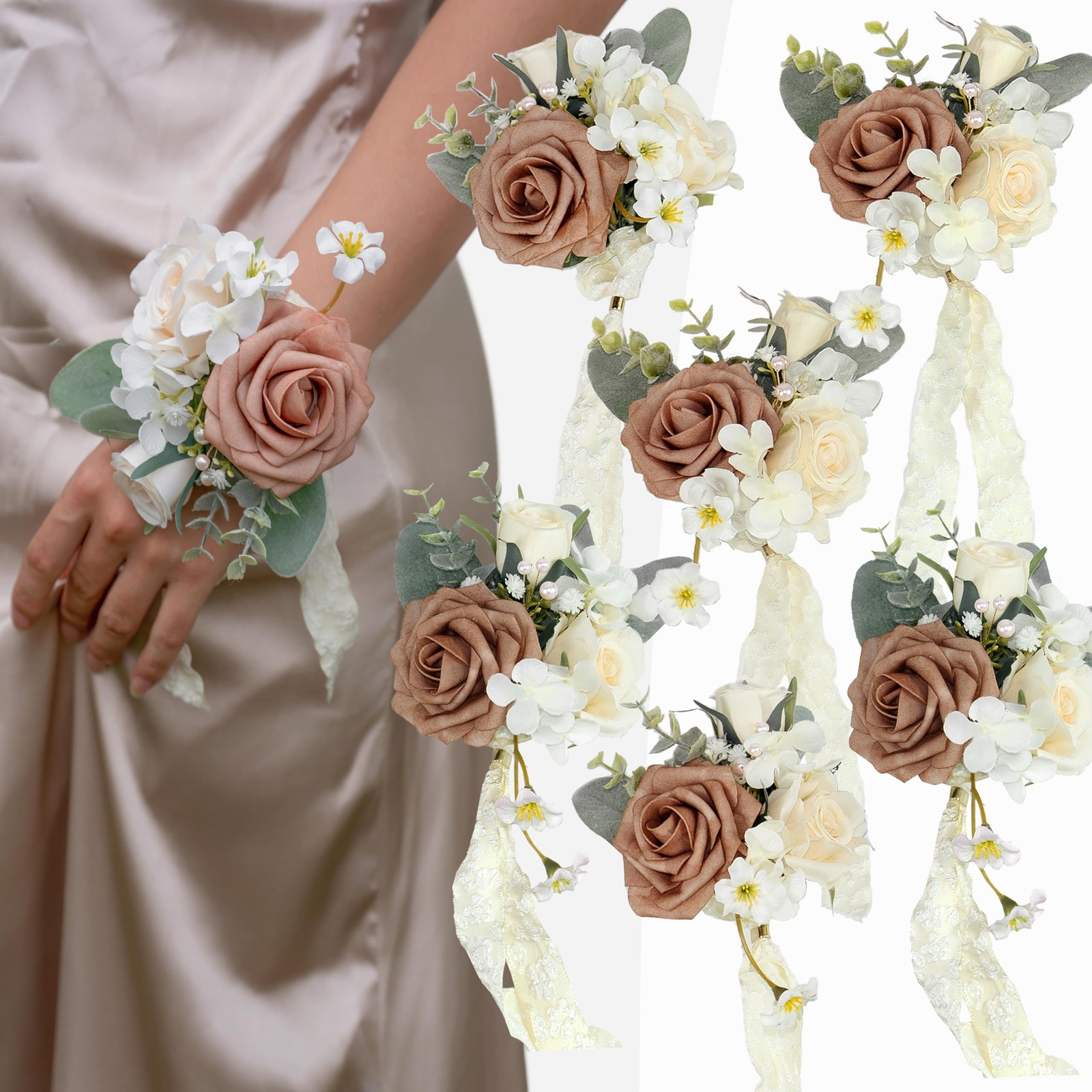 6 PCS Dusty Rose Corsage Wedding Prom Party Hand Flower Bridesmaid Decor
