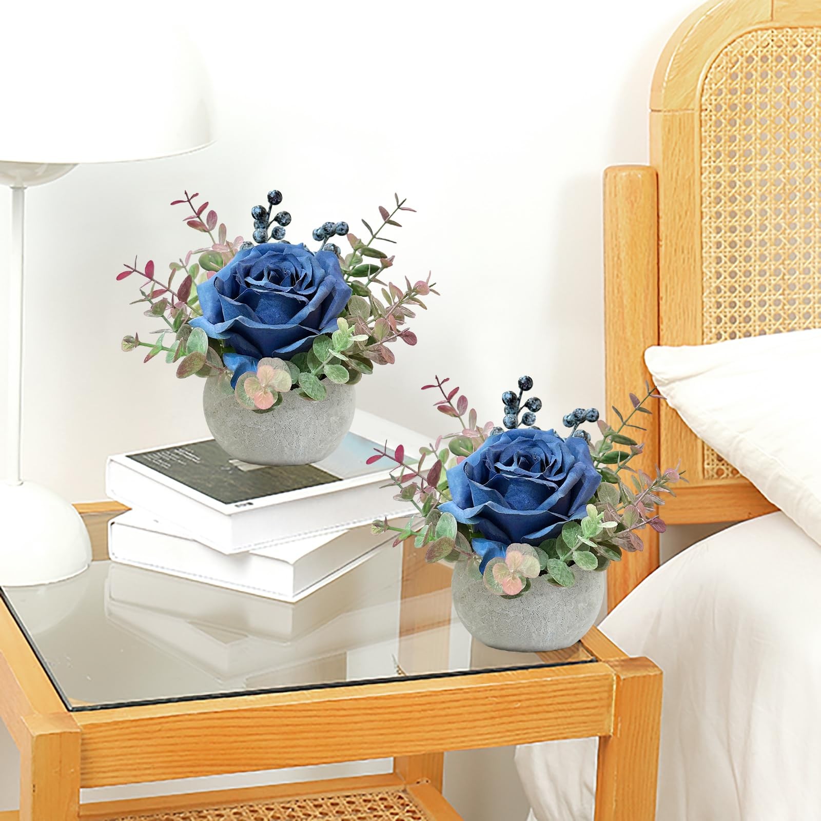 2 Pack Artificial Flowers With Pot Blue Rose Eucalyptus Fake Potted House Plants
