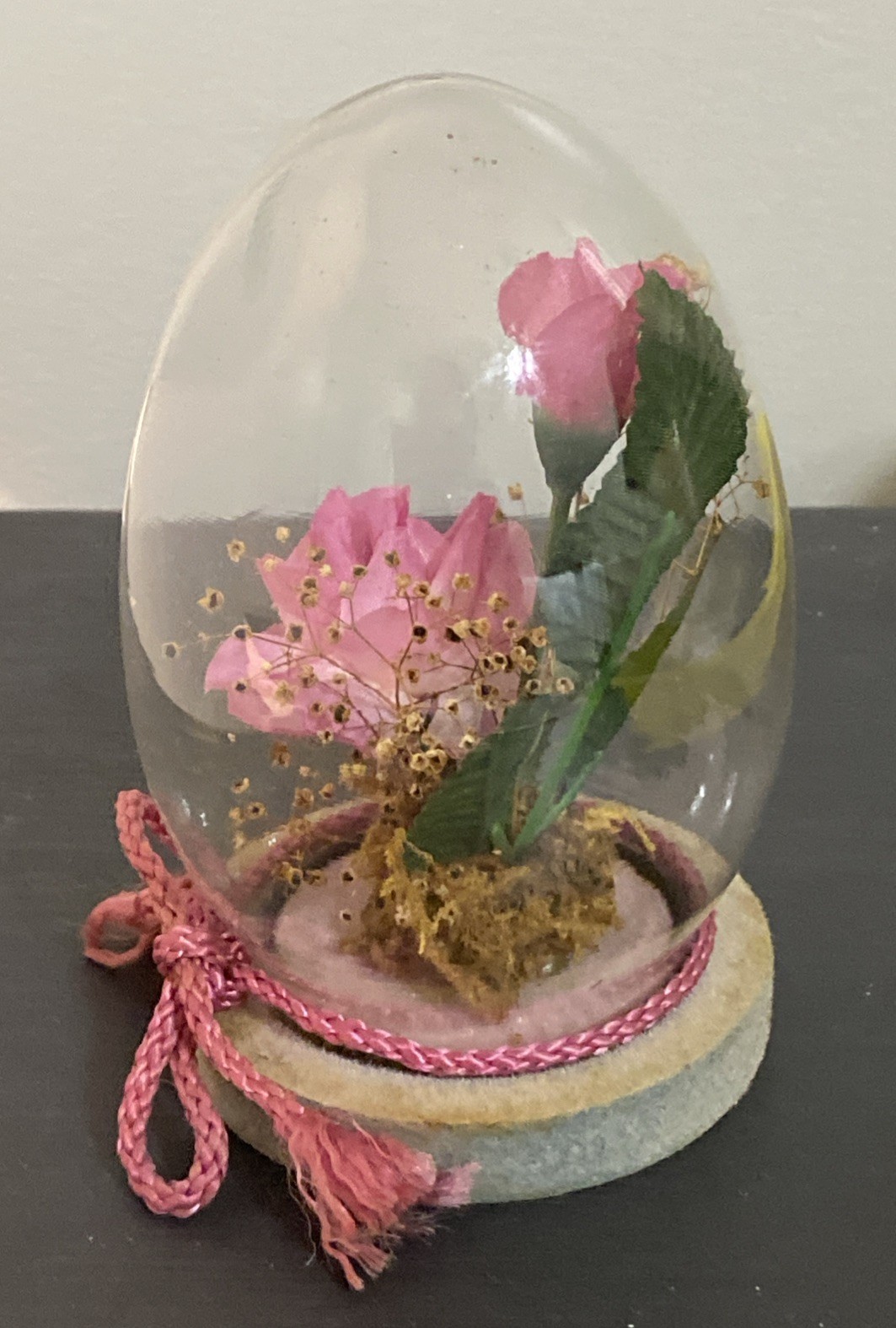 Vintage Glass Dome Decor Faux Dried Pink Rose Plant Floral