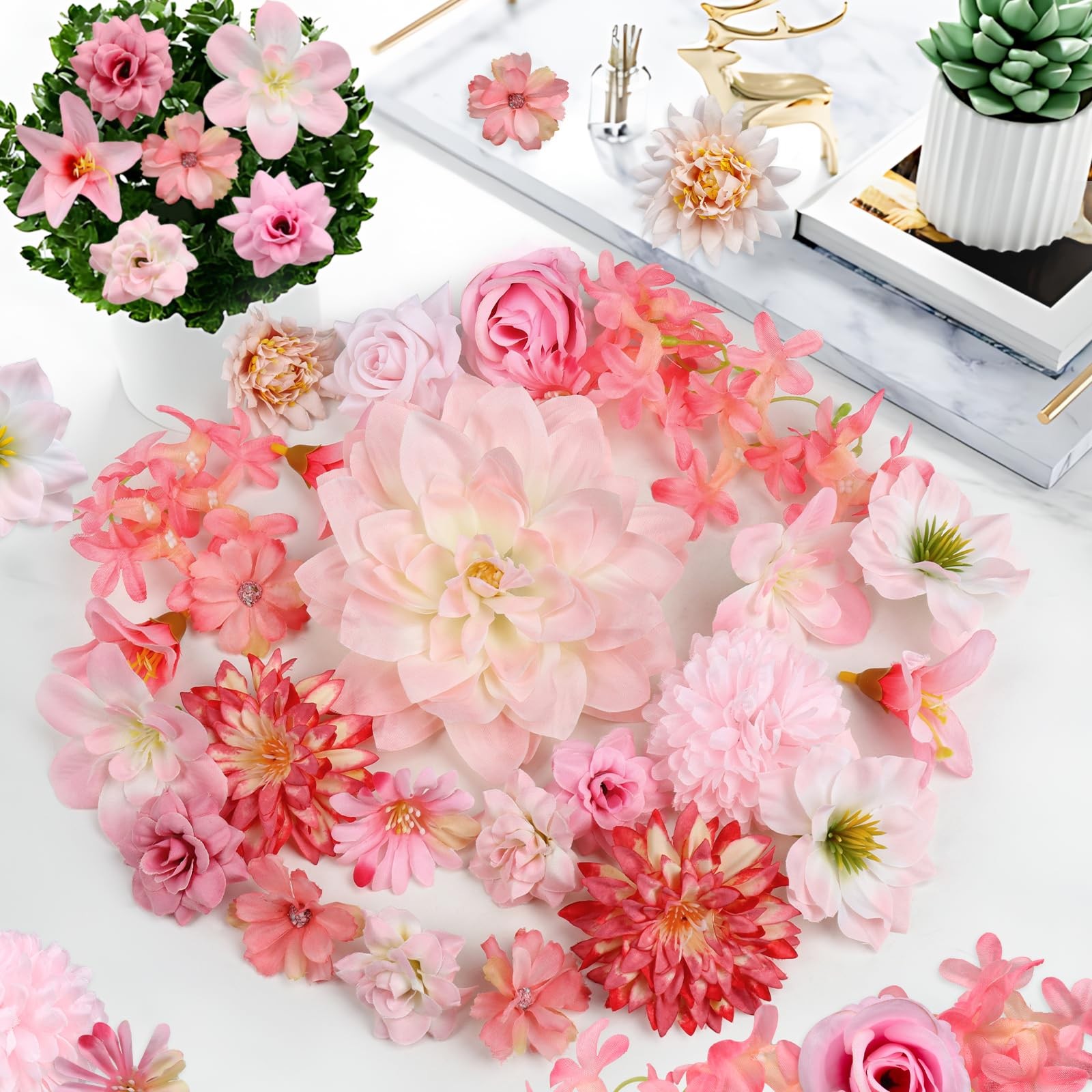 26 PCS Artificial Silk Floral Fake Flower Heads Pink Roses Peonies Daisy Decor