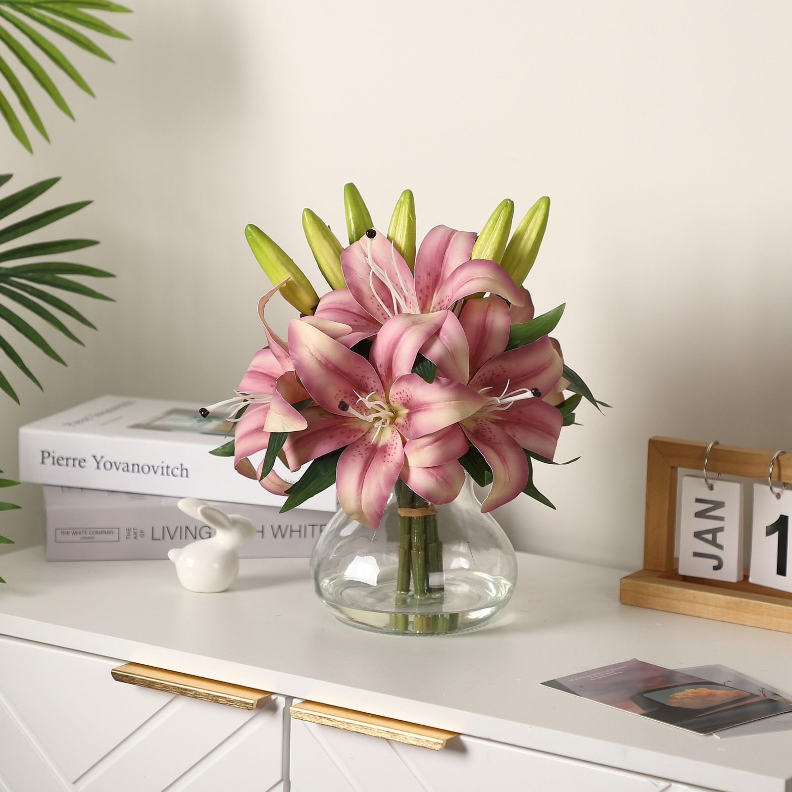 Artificial Tiger Lily Flowers w/ Glass Vase & Faux Water 13″ Floral Centerpiece