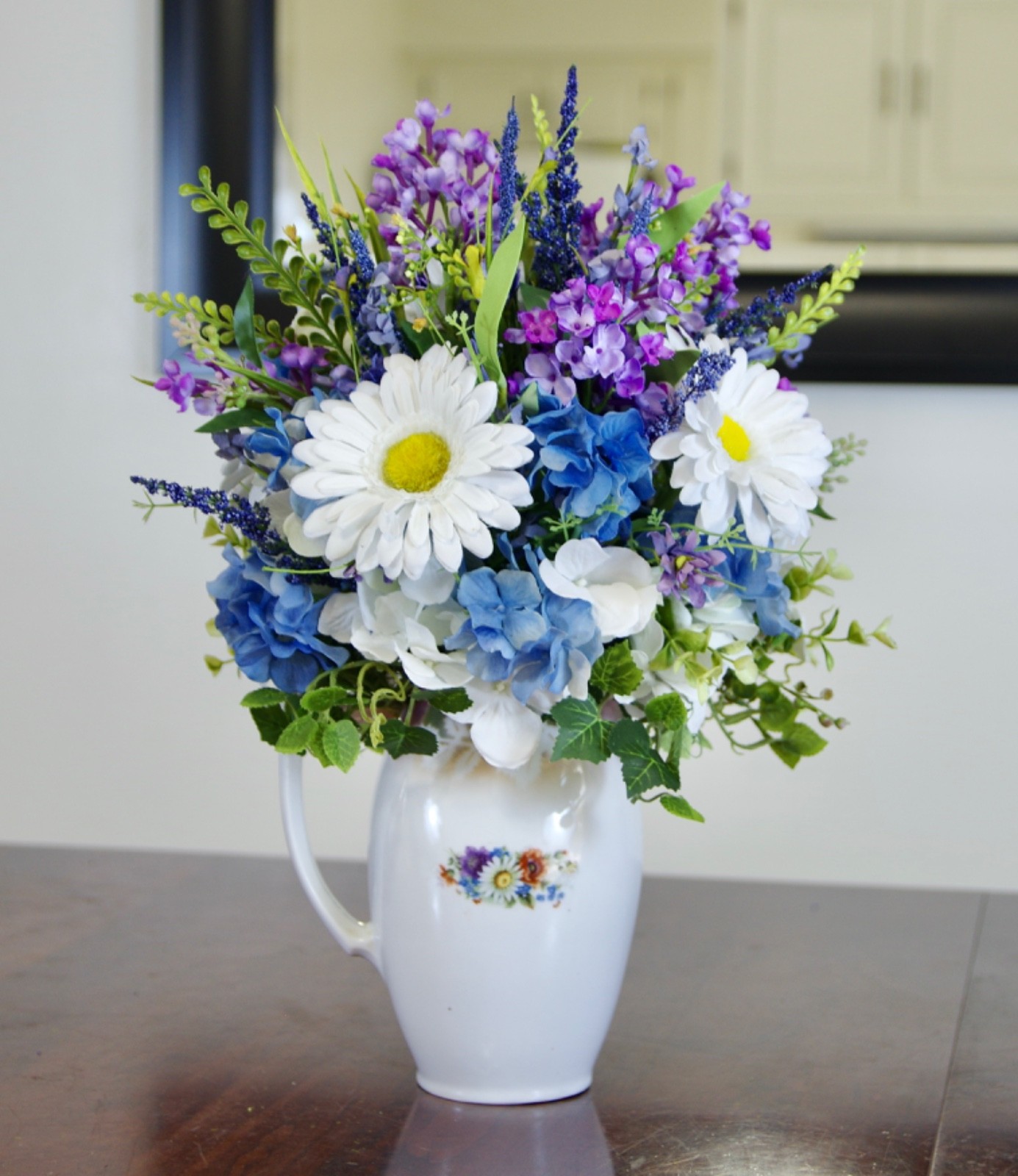 Silk Daisy and Lilac Arrangement in 1800’s Germany Lusterware Coffee Pitcher