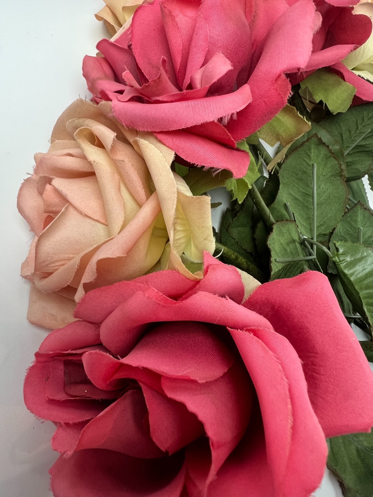 6 True VINTAGE long stem silk roses pink cream ombre faux artificial 15″