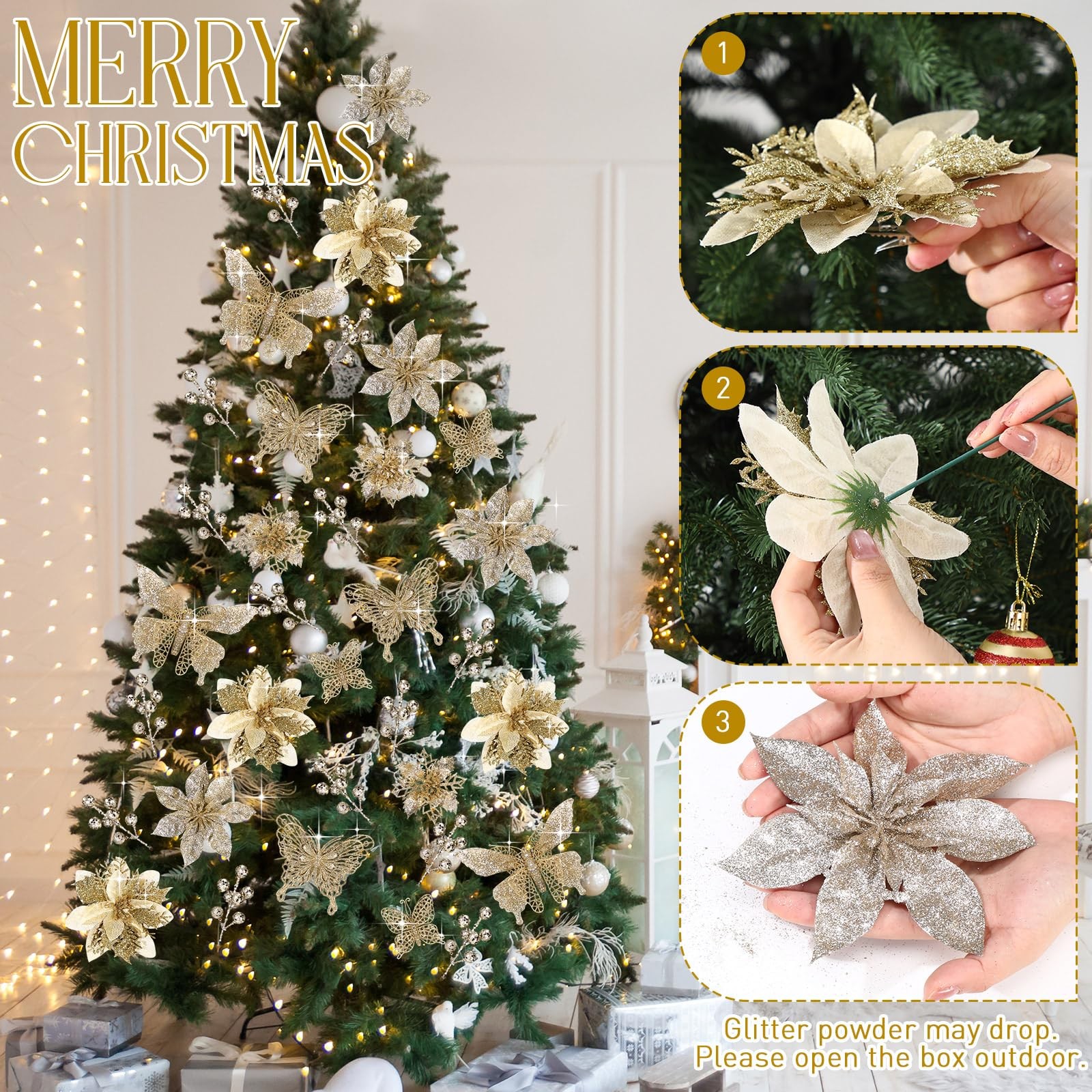 Thiccywoov 122 Pcs Christmas Glitter Poinsettia Artificial Flowers Berry Pick…