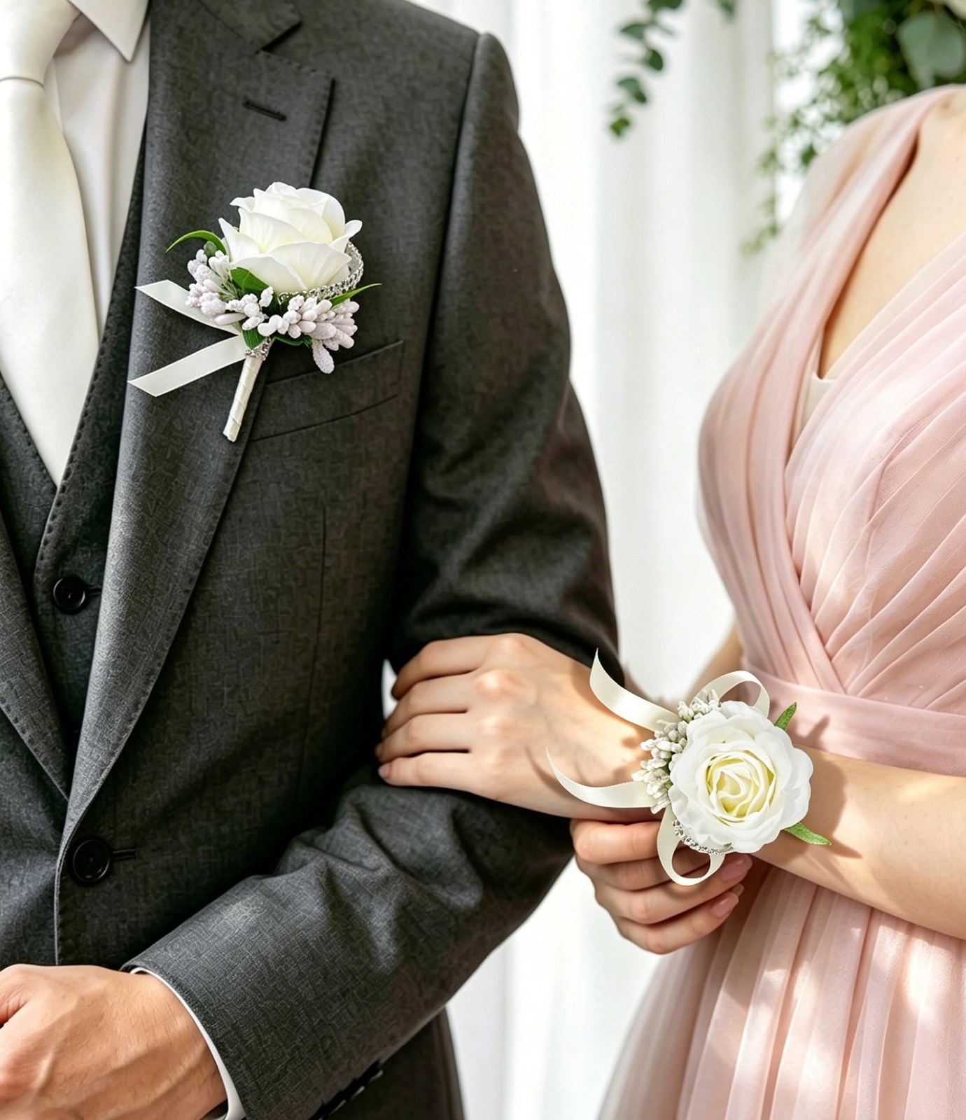 White Rose Corsage and Men Boutonniere Set for Wedding Prom