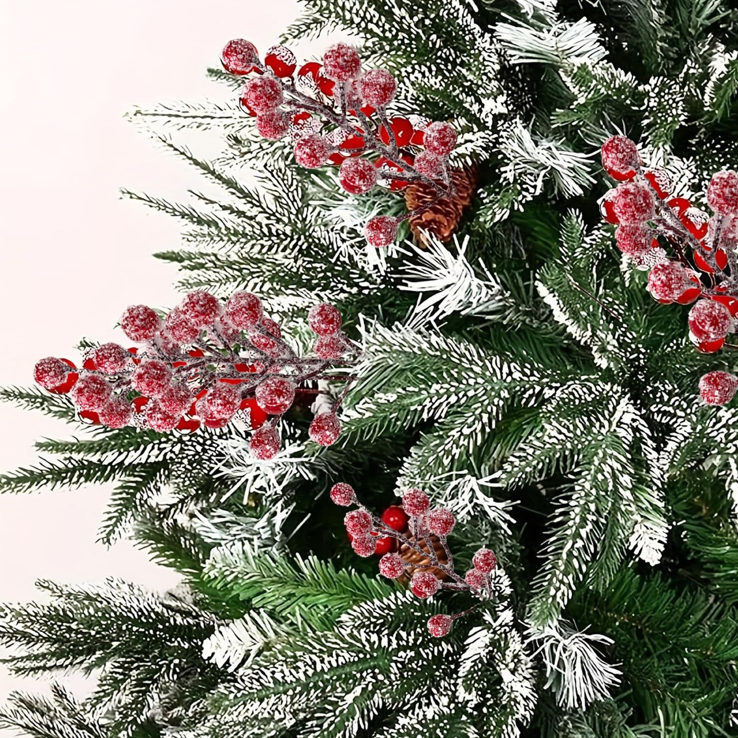 12Pcs Artificial Holly Stems 7.8 Inch Christmas Spray Picks with Snow Red Ber…