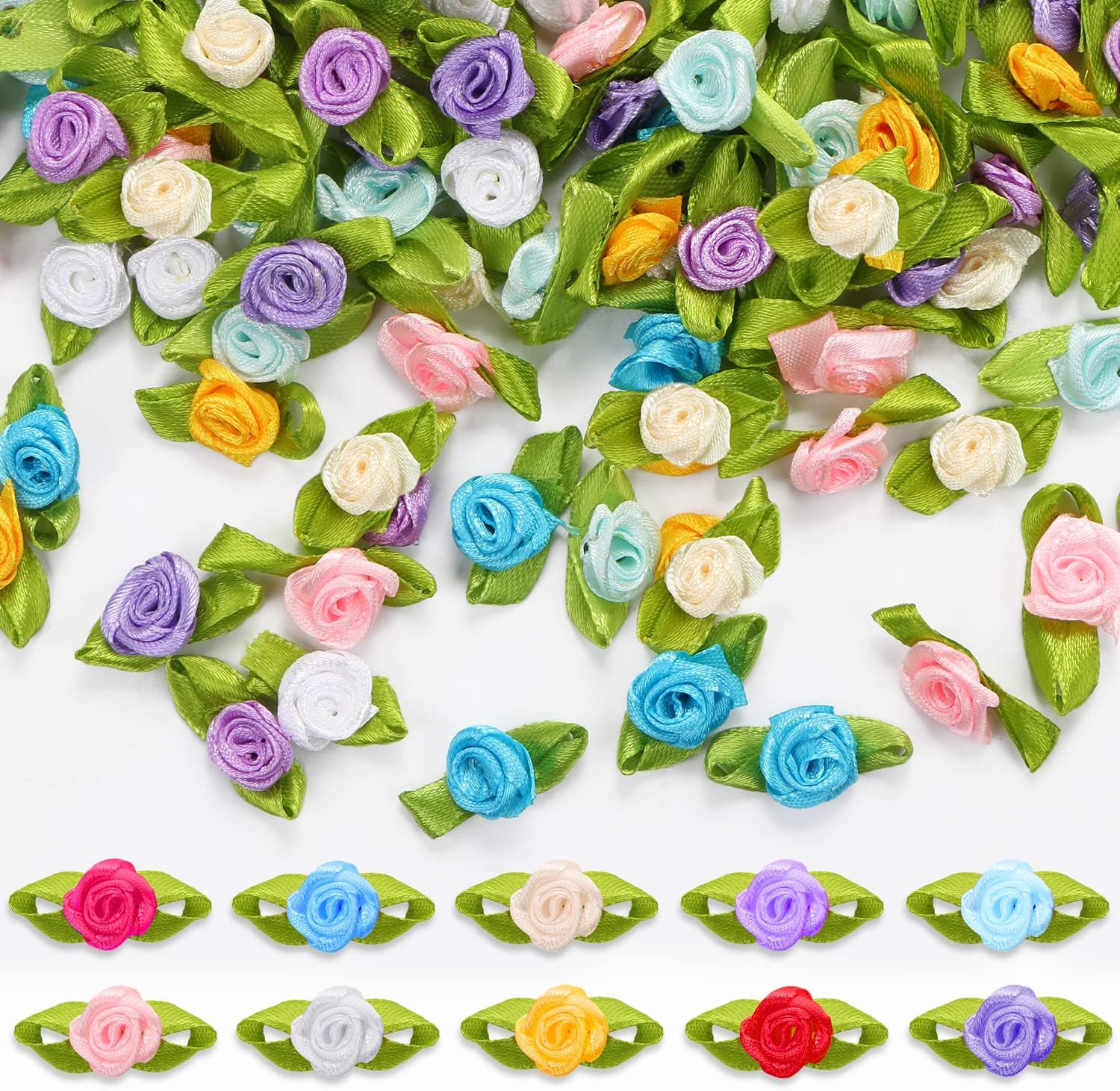 200 Mini Ribbon Roses Mixed Color Artificial Fabric Flowers with Green Leaves Sm