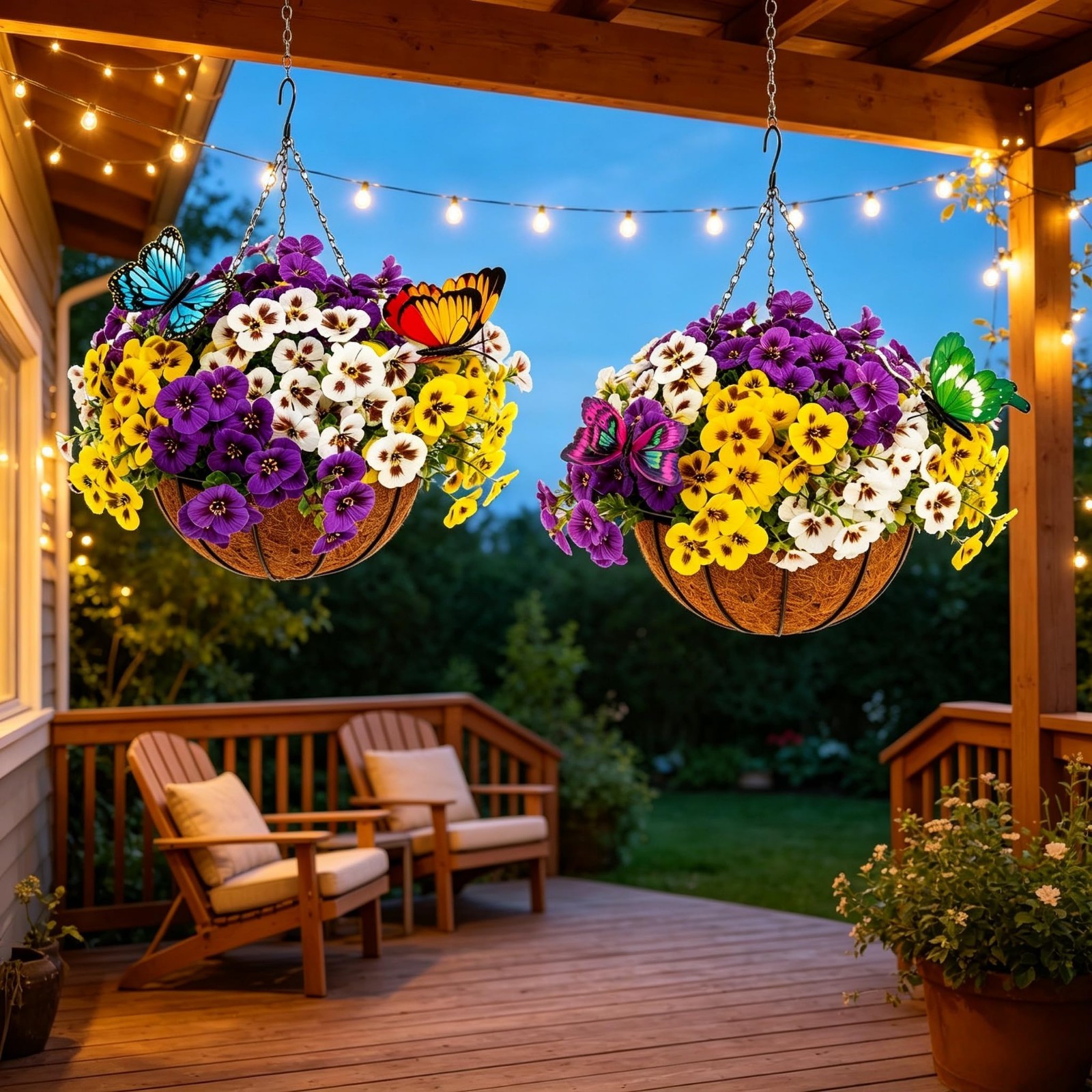 2 Sets Faux Silk Pansy Hanging Baskets, 24 Pcs Artificial Flowers for Patio Gard