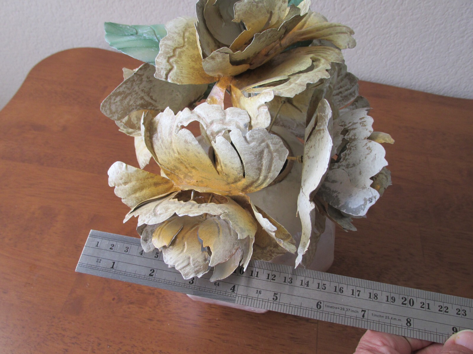 Metal Flower Arrangement 11” Tall Off white, Yellow, green with a meta Vase