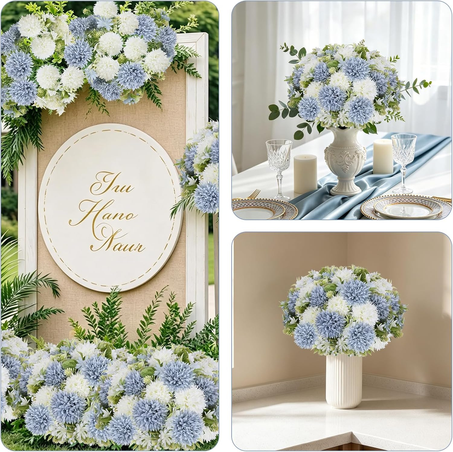 Dusty Blue & White Peony Bouquet – 6 Faux Silk Bundles for Weddings & Decor