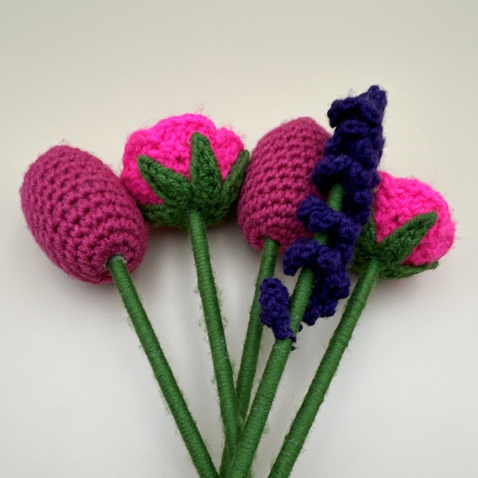 Handmade Yarn Crochet Flower Bouquet Pink Purple Green Rose Lavender Tulip
