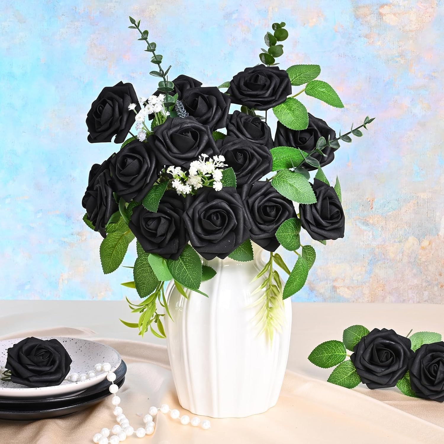 9 Pcs Black Foam Roses Artificial Flowers Real Touch Wedding Bouquet Centerpiece