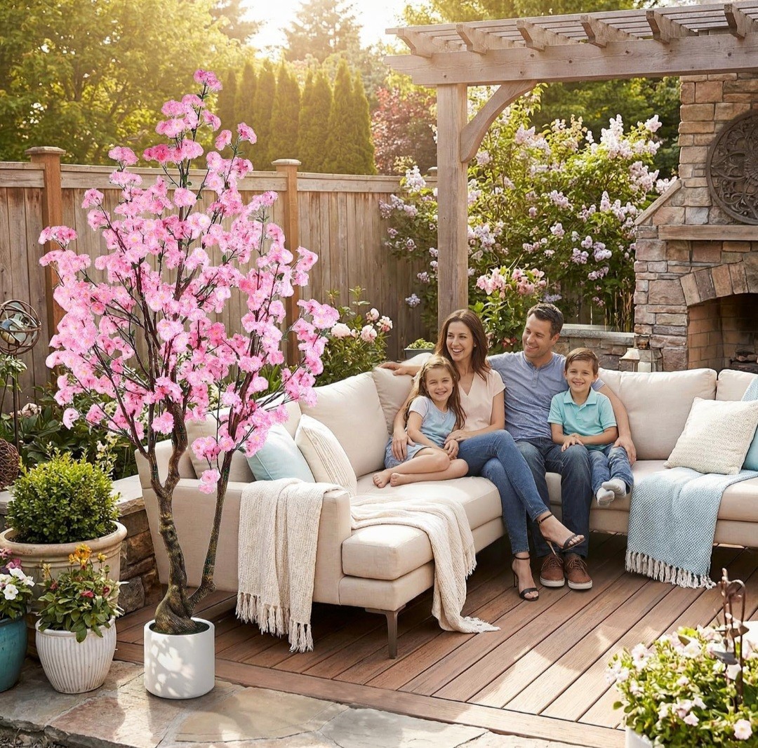Artificial Pink Cherry Blossom Tree Topiary 7 ft in White Pot Floral Decor
