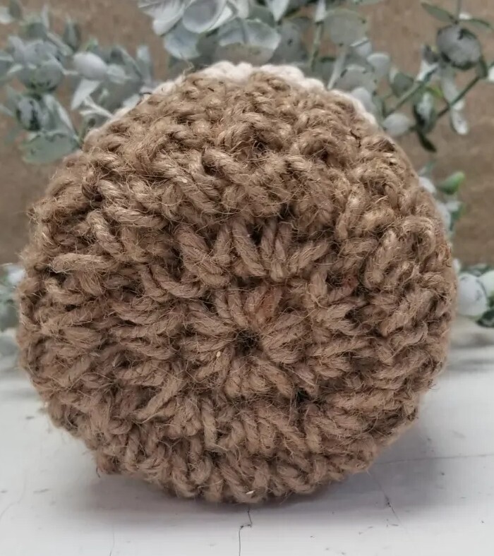 Faux Succulent Plant Dusty Green Crocheted Pot Tan White Jute Twine Cotton 10″