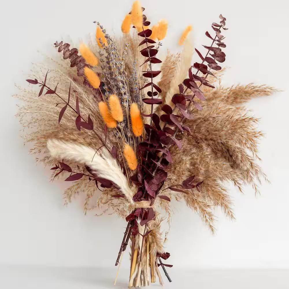17 In. Red Pampas Grass Bouquet Indoor Artificial Lavender and Eucalyptus Dried