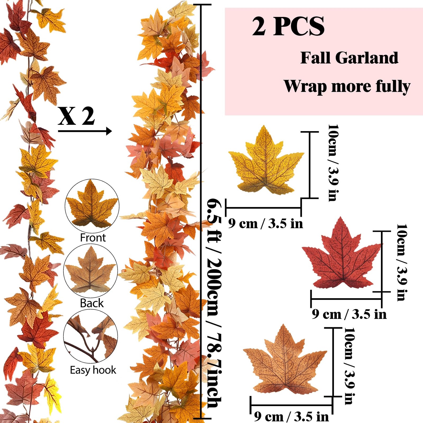 2Pcs 13FT Fall Maple Leaf Garland for Thanksgiving Decor