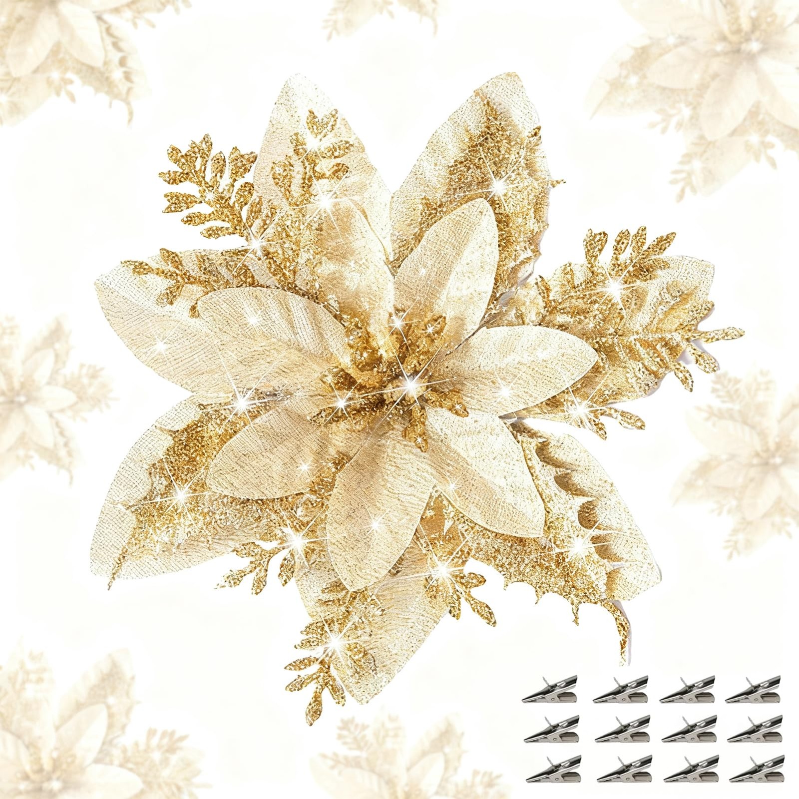 24 PCS 5.9 Inch Christmas Artificial Poinsettia Flowers Glitter Clips Gold