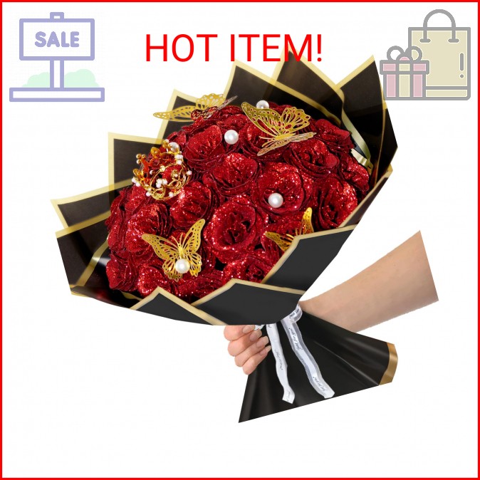 Red Glitter Roses Bouquet, 24 Pcs Shiny Glitter Flowers Bouquet, Everlasting Art