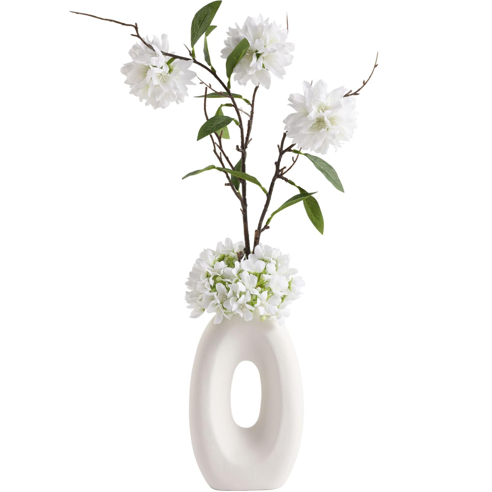 Fake Flower Bouquet and Vase Set Faux Silk Arrangement White Blossoms