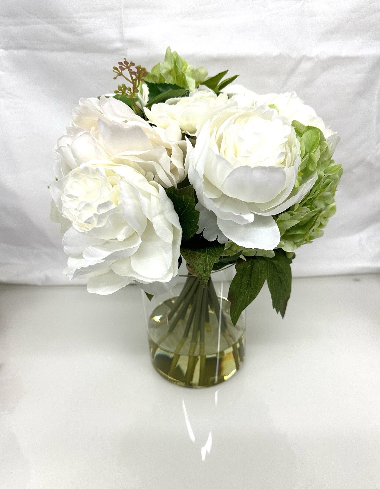 Artificial Peony Hydrangea and Tulip Glass Arrangement 13″ New