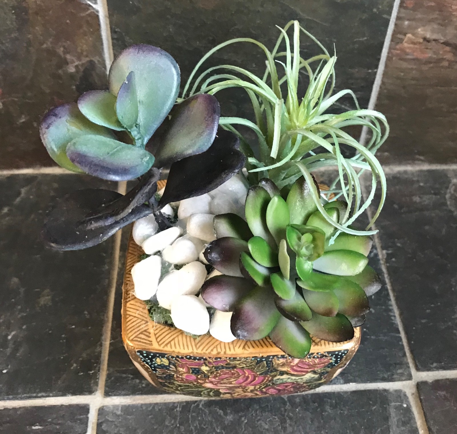 Artificial Green Grass Succulent Planter in a Satsuma Bowl with Geishas