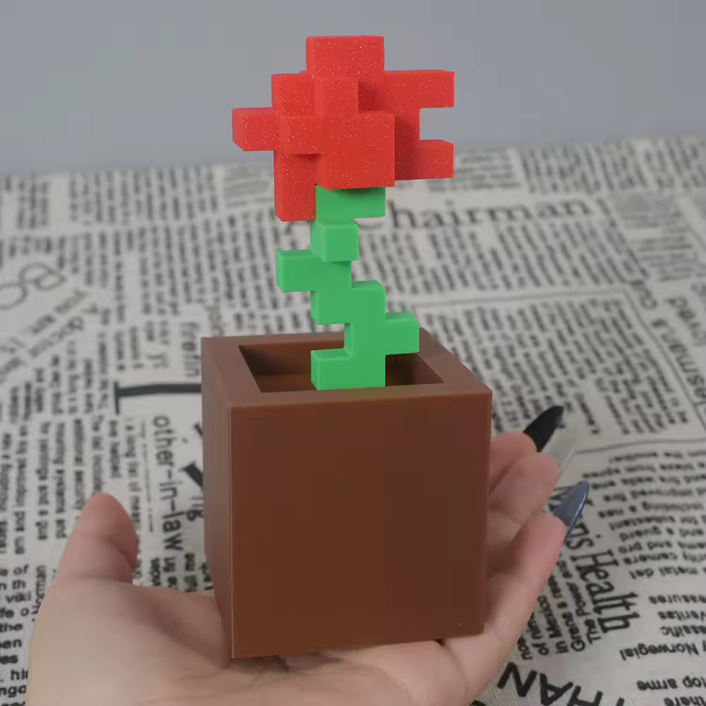 Pixel Rose Flower Ornament 3D Printed Unique Plastic Desktop Decoration Gift