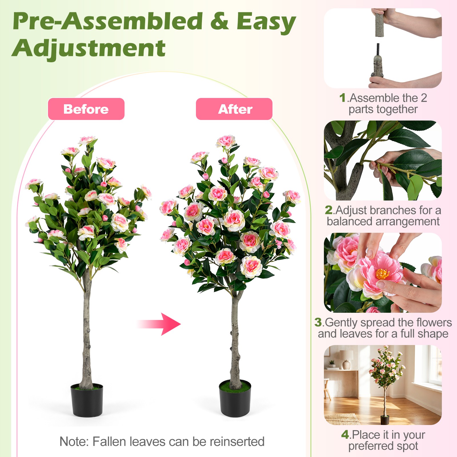 2PCS 50.5” Artificial Camellia Tree w/27 Camellia Blossoms in Cement-Filled Pot