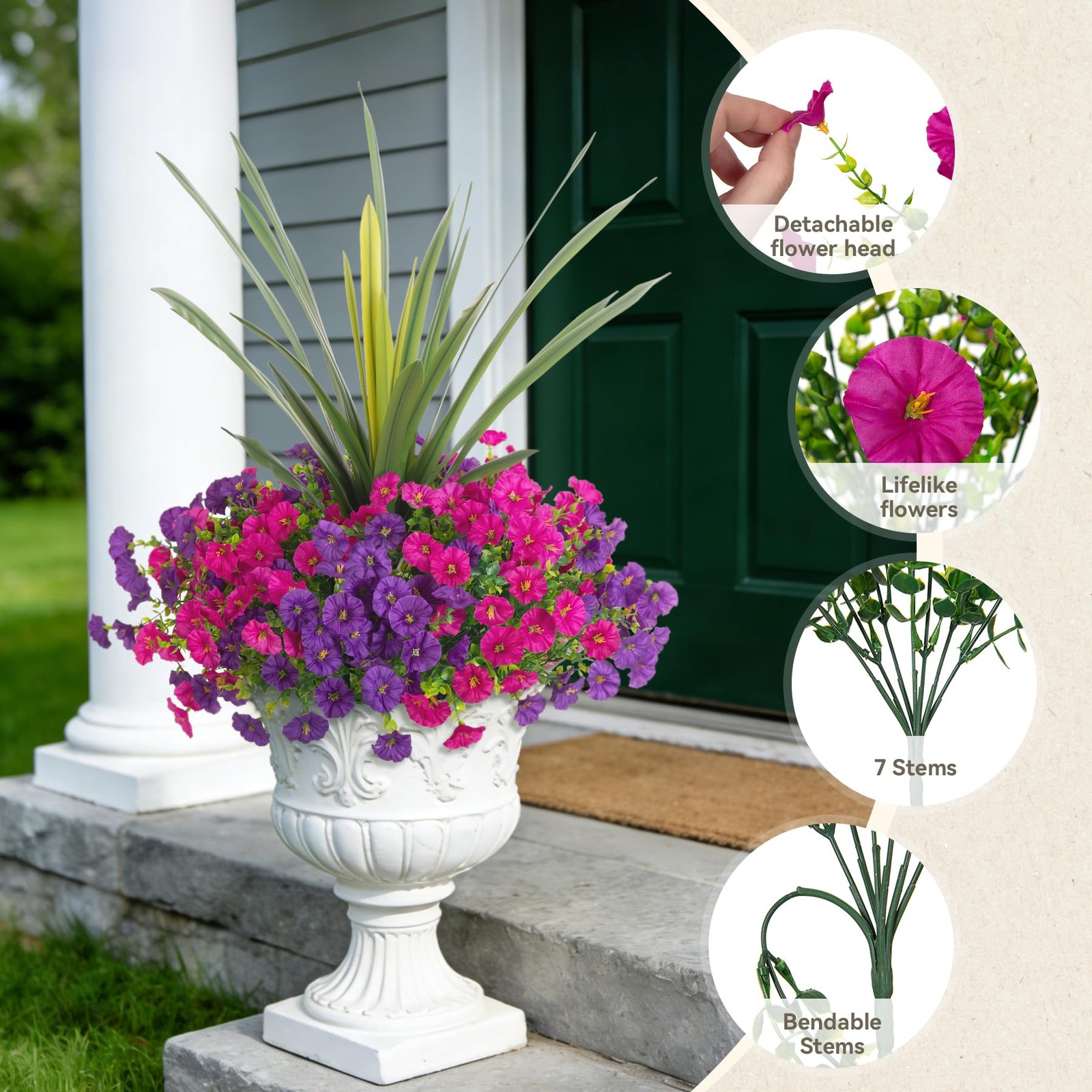 New Artificial Flowers for Outdoors Fake Plants Outside, 12 Bundles Silk Morning