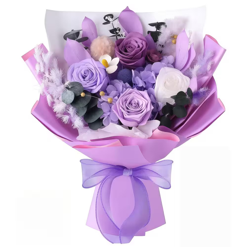 12.59 In. Purple Artificial Preserved Rose Bouquet-Includes Gift Box and Greetin