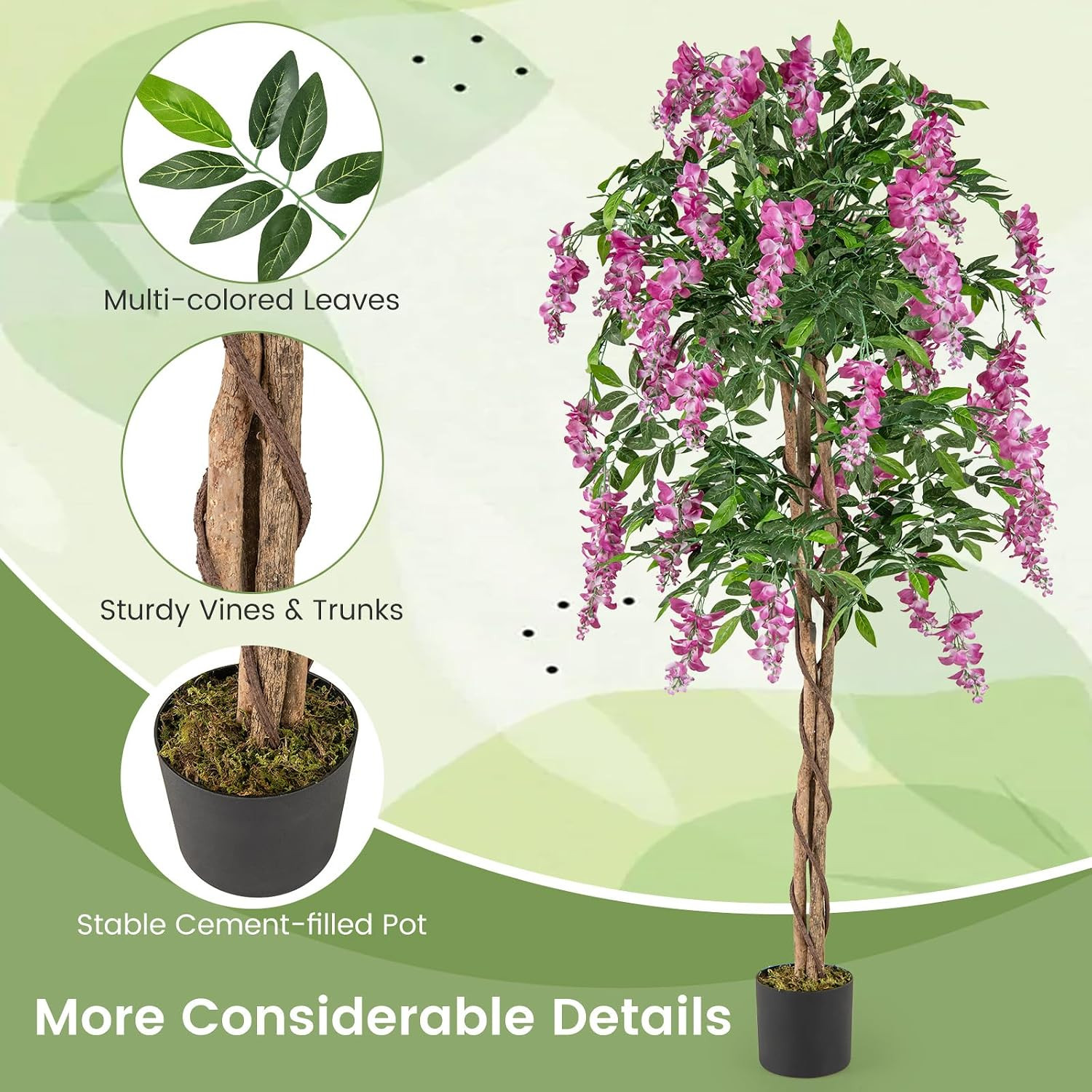 5.5FT Fake Wisteria Plant, Tall Artificial Tree in Nursery Pot with Rosy Flowers