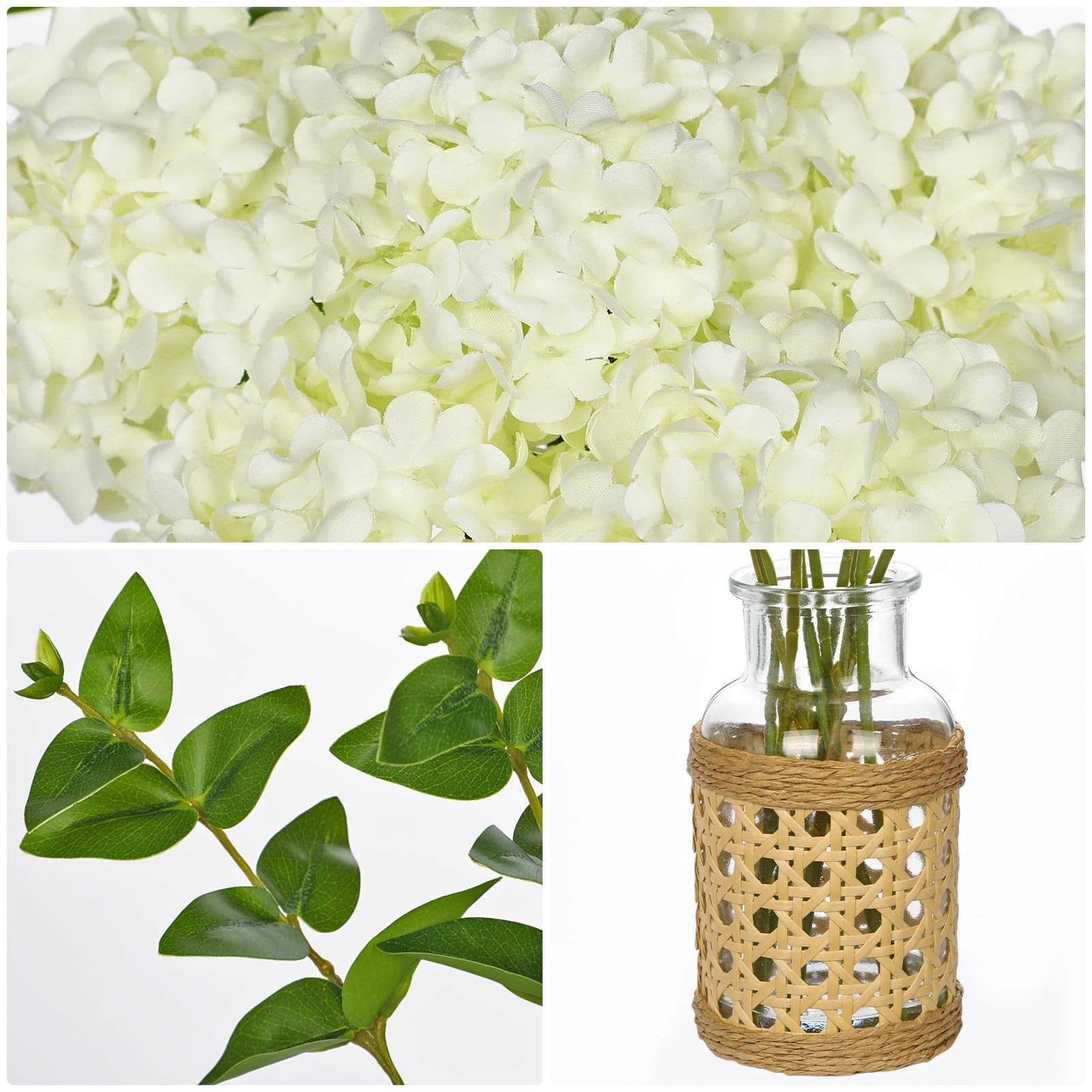 White Hydrangea Artificial Flowers in Woven Glass Vase with Faux Water Silk H…