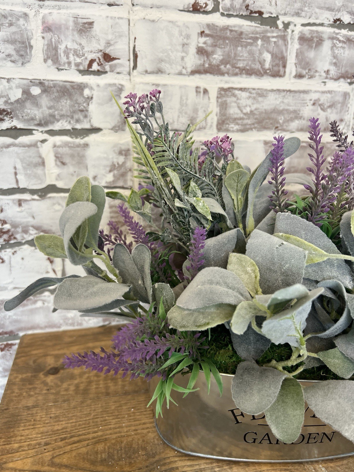 Lavender And Lambs Ear Floral Arrangement In A Galvanized Metal Container.