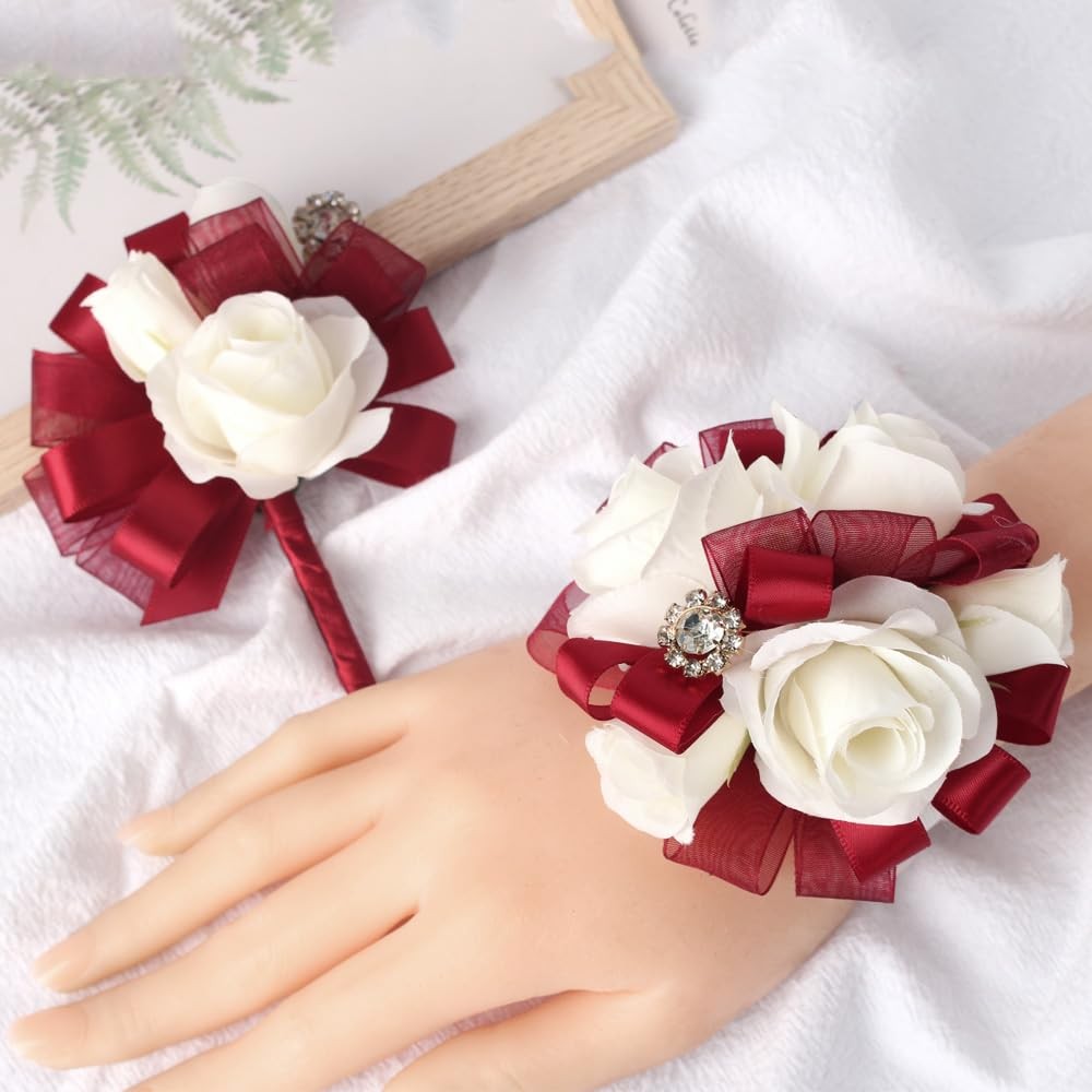Prom Corsage Boutonniere Set Ivory Rose Wristlet Wedding Homecoming Red Ivory