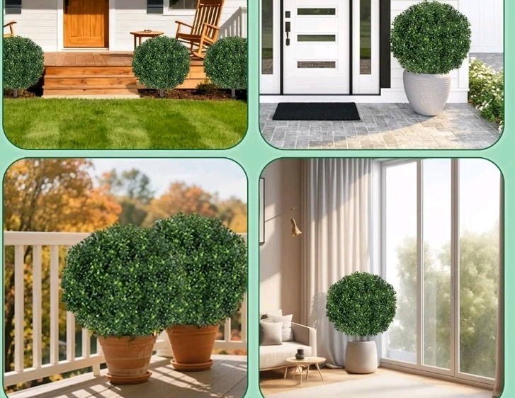27.5″ Artificial Boxwood Topiary Ball Tree, Set of 2 Fake Bushes Shrubs W Steaks