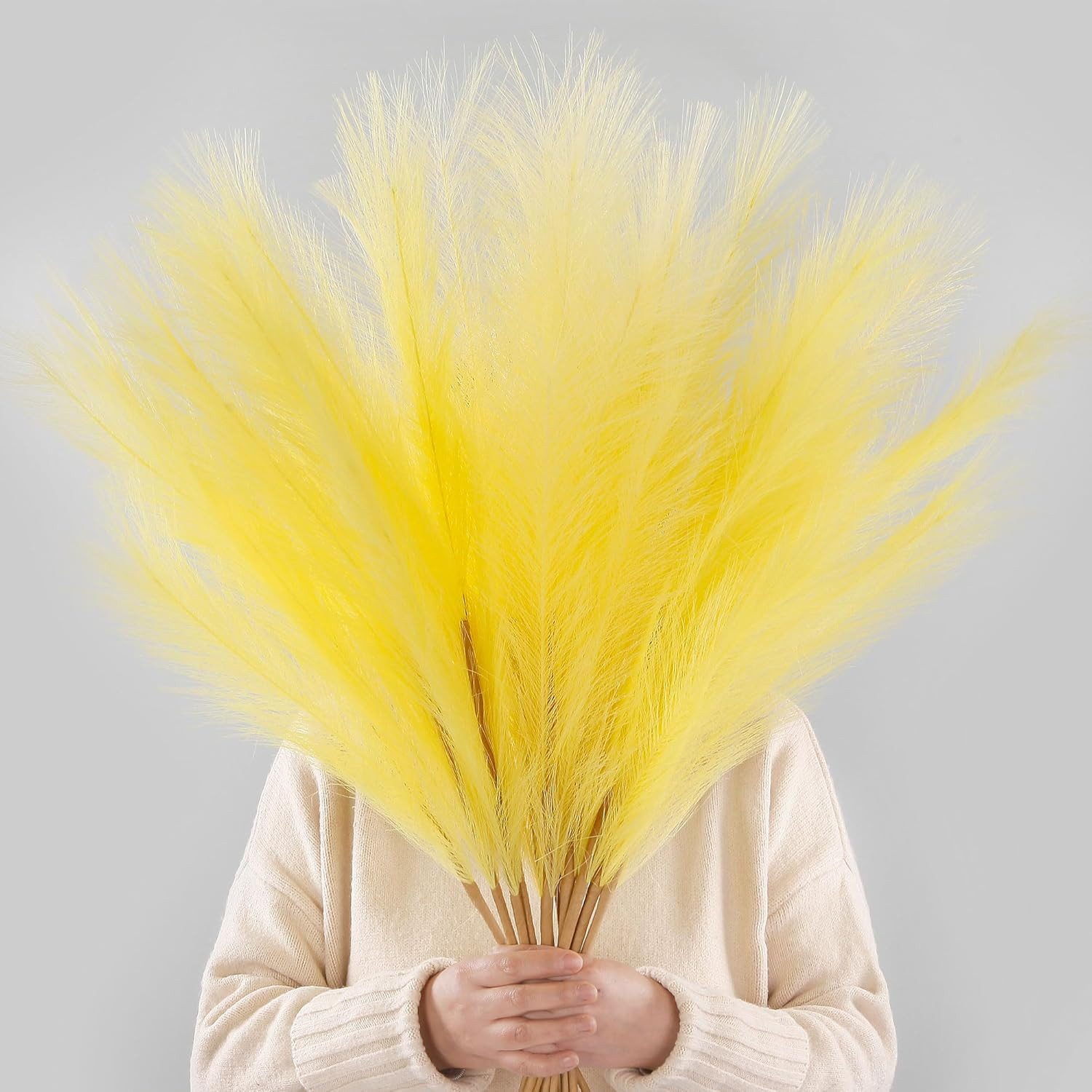 12 PCS Light Yellow Faux Pampas Grass 38″/3.1Ft Tall Artificial Pompous Grass La