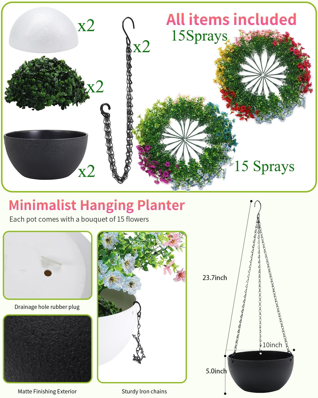 JAKY-Global 2 Sets Artificial Hanging Plants Flowers Basket For Outdoors