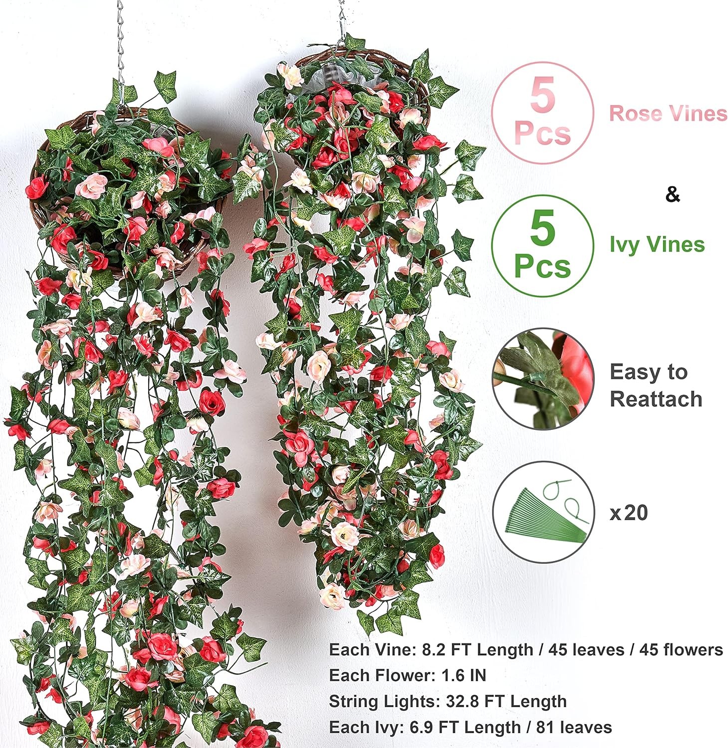 5 Pcs 41Ft Flower Garland Artificial Rose Vines with 5 Pcs 34.5Ft