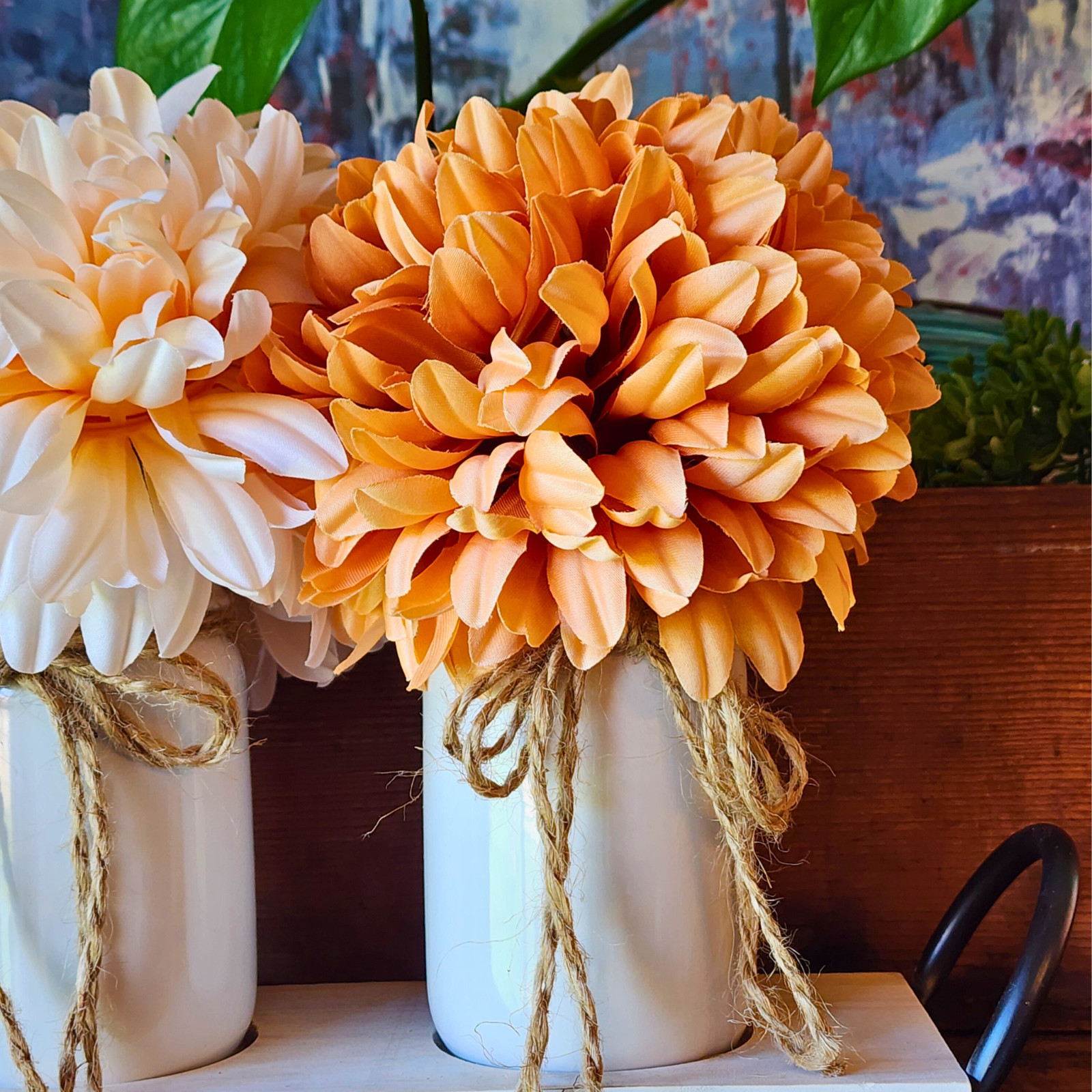 Fall Dahlia Floral Centerpiece – Vase Trio on Wood Tray – Farmhouse Table Decor