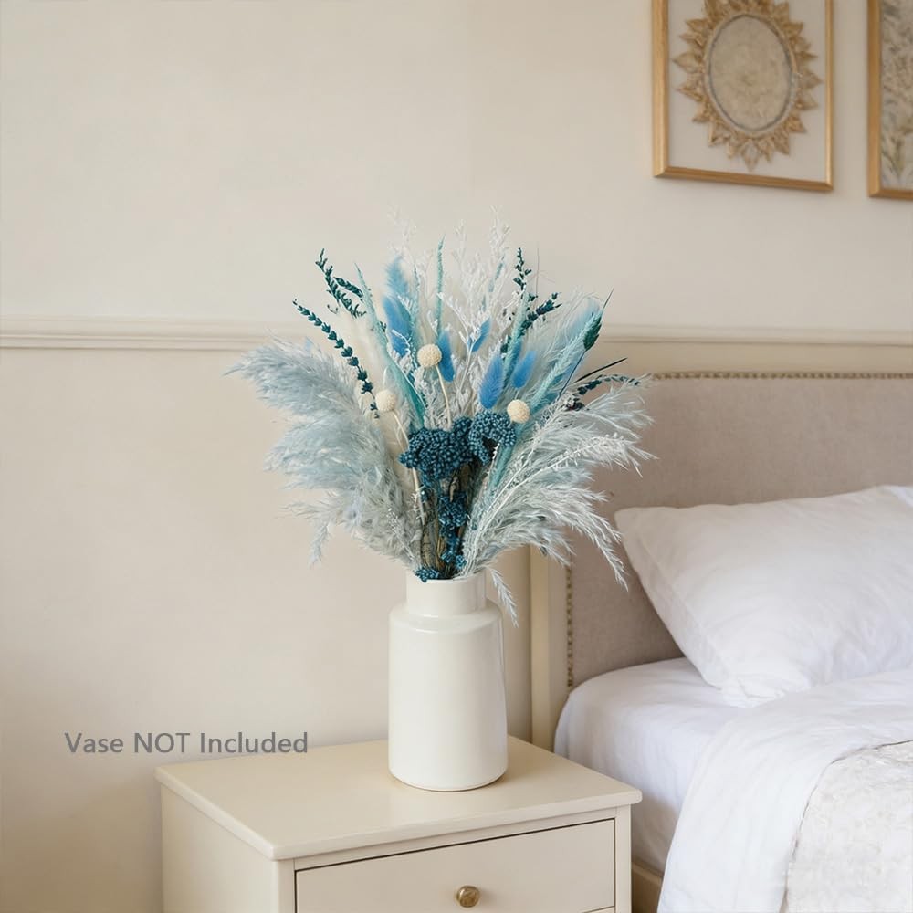 Natural Dried Pampas Grass Bouquet, 17″ Dusty Blue & Multi-Shade Blue White P…