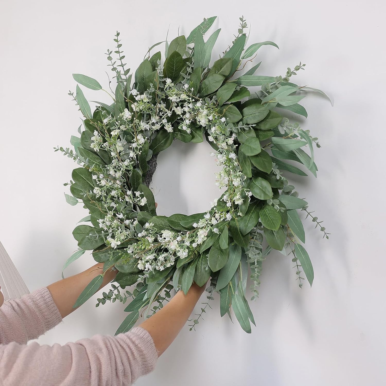 26-Inch Eucalyptus and Babys Breath Wreath for Front Door All-Season Indoor O…