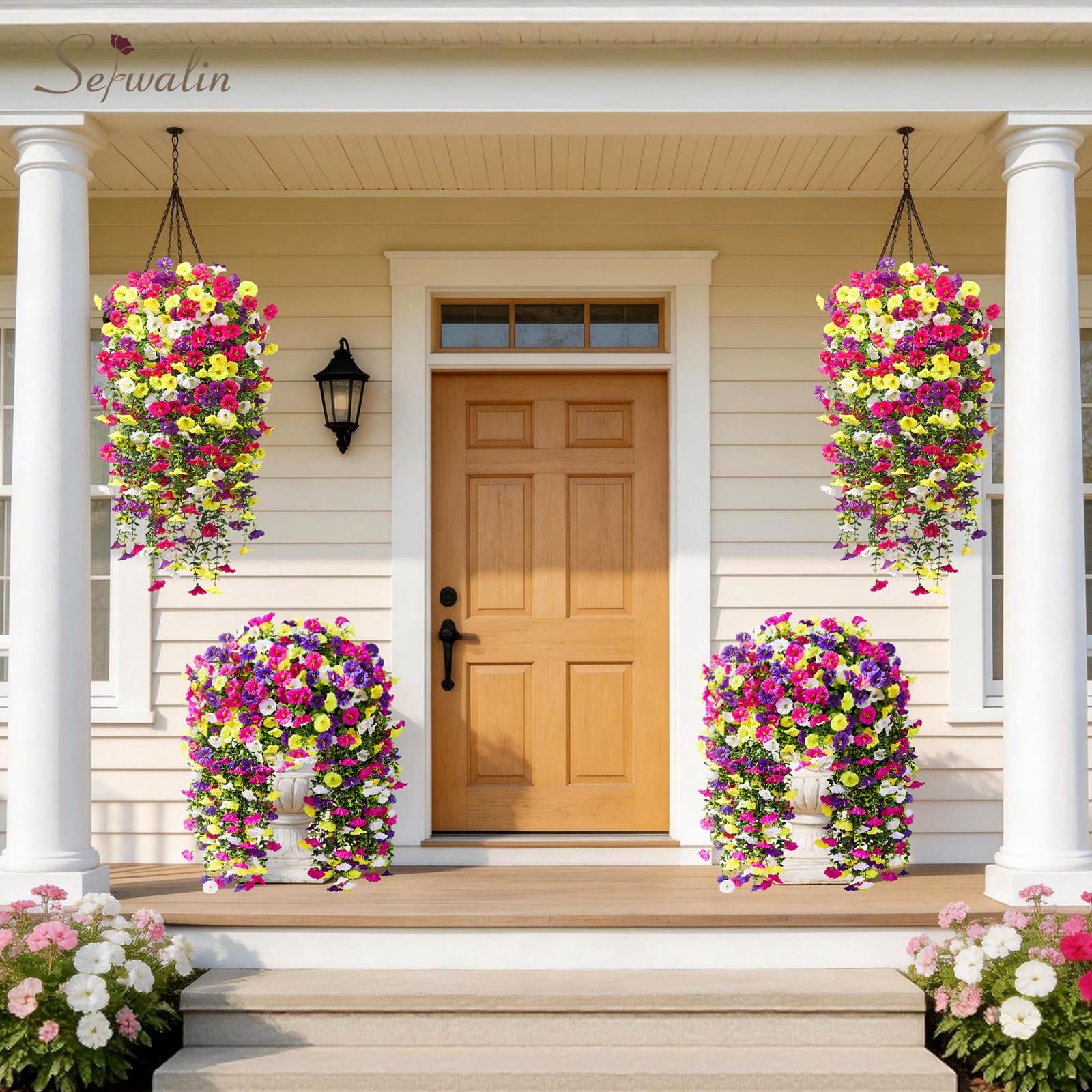 Serwalin Artificial Hanging Flowers for Outdoors UV Resistant, 4PCS Faux Morn…